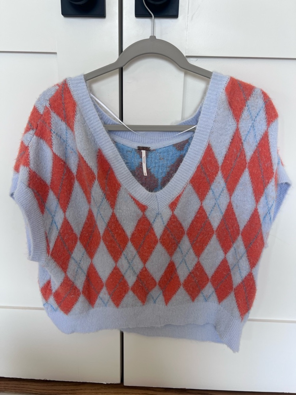 Free People Light Blue & Coral V-Neck Mohair Blend Sweater